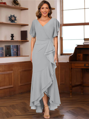 Trumpet/Mermaid V-Neck Short Sleeves Ruched Mother of the Bride Dresses with Ruffles