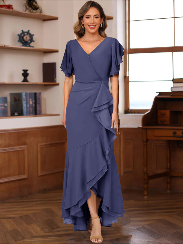 Trumpet/Mermaid V-Neck Short Sleeves Ruched Mother of the Bride Dresses with Ruffles