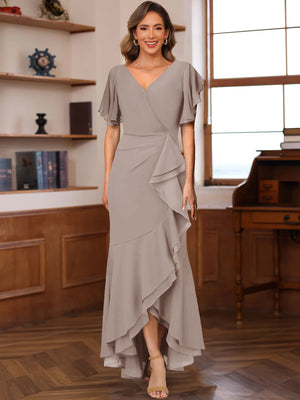 Trumpet/Mermaid V-Neck Short Sleeves Ruched Mother of the Bride Dresses with Ruffles
