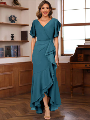 Trumpet/Mermaid V-Neck Short Sleeves Ruched Mother of the Bride Dresses with Ruffles