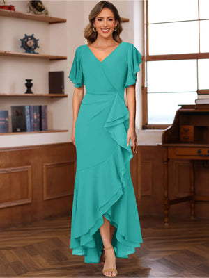 Trumpet/Mermaid V-Neck Short Sleeves Ruched Mother of the Bride Dresses with Ruffles