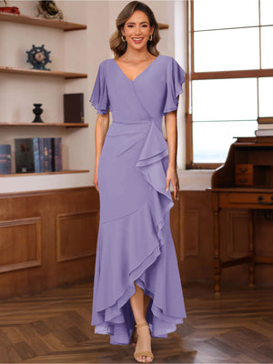 Trumpet/Mermaid V-Neck Short Sleeves Ruched Mother of the Bride Dresses with Ruffles