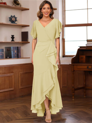 Trumpet/Mermaid V-Neck Short Sleeves Ruched Mother of the Bride Dresses with Ruffles