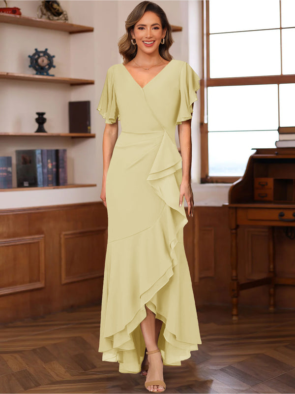 Trumpet/Mermaid V-Neck Short Sleeves Ruched Mother of the Bride Dresses with Ruffles