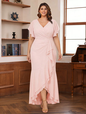 Trumpet/Mermaid V-Neck Short Sleeves Ruched Plus Size Mother of the Bride Dresses with Ruffles