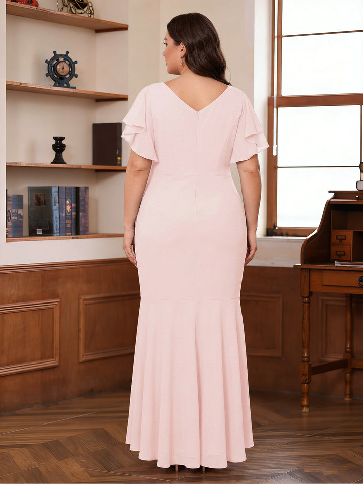 Trumpet/Mermaid V-Neck Short Sleeves Ruched Plus Size Mother of the Bride Dresses with Ruffles