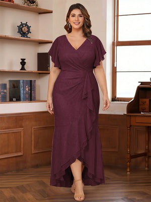 Trumpet/Mermaid V-Neck Short Sleeves Ruched Plus Size Mother of the Bride Dresses with Ruffles