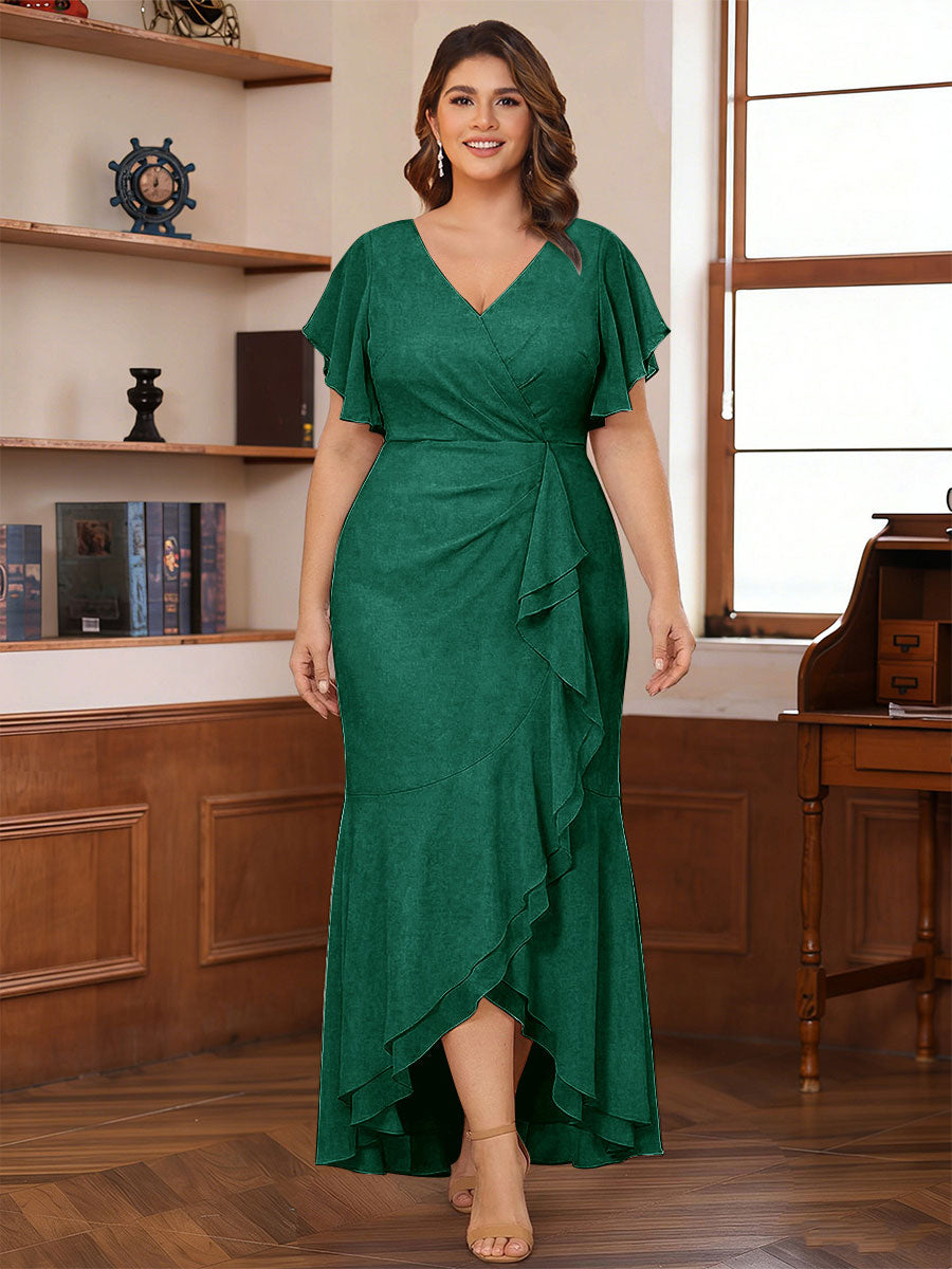 Trumpet/Mermaid V-Neck Short Sleeves Ruched Plus Size Mother of the Bride Dresses with Ruffles