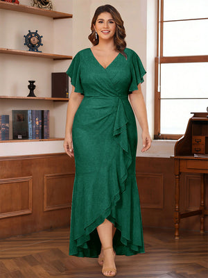 Trumpet/Mermaid V-Neck Short Sleeves Ruched Plus Size Mother of the Bride Dresses with Ruffles