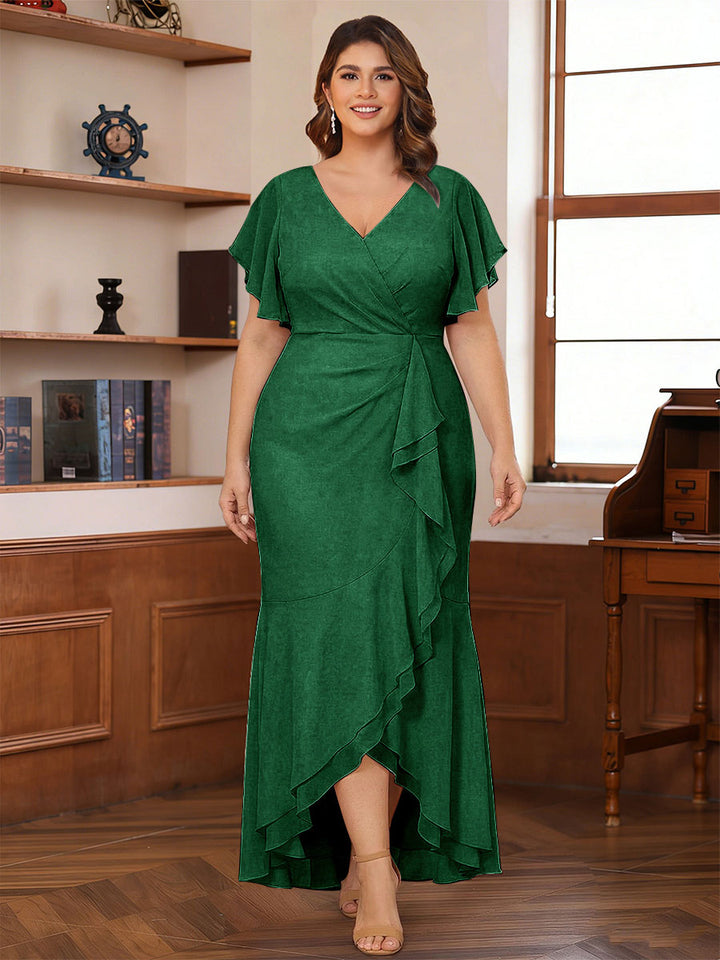 Trumpet/Mermaid V-Neck Short Sleeves Ruched Plus Size Mother of the Bride Dresses with Ruffles