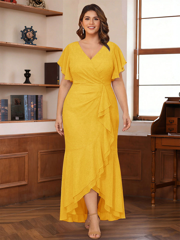 Trumpet/Mermaid V-Neck Short Sleeves Ruched Plus Size Mother of the Bride Dresses with Ruffles