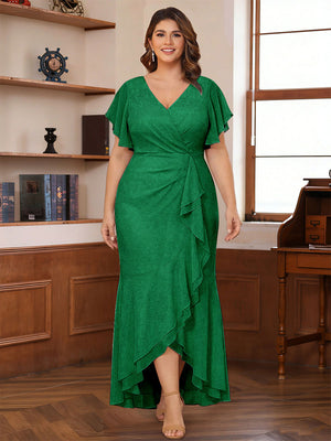 Trumpet/Mermaid V-Neck Short Sleeves Ruched Plus Size Mother of the Bride Dresses with Ruffles