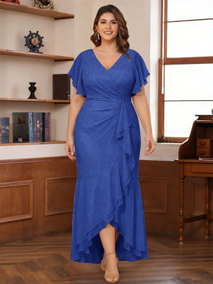Trumpet/Mermaid V-Neck Short Sleeves Ruched Plus Size Mother of the Bride Dresses with Ruffles
