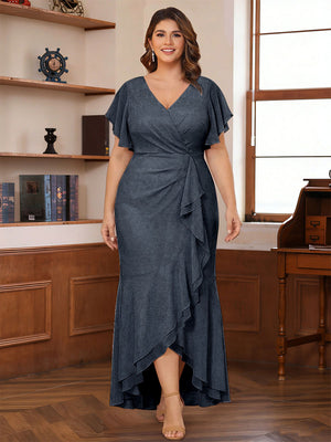 Trumpet/Mermaid V-Neck Short Sleeves Ruched Plus Size Mother of the Bride Dresses with Ruffles