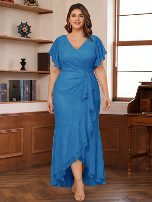 Trumpet/Mermaid V-Neck Short Sleeves Ruched Plus Size Mother of the Bride Dresses with Ruffles