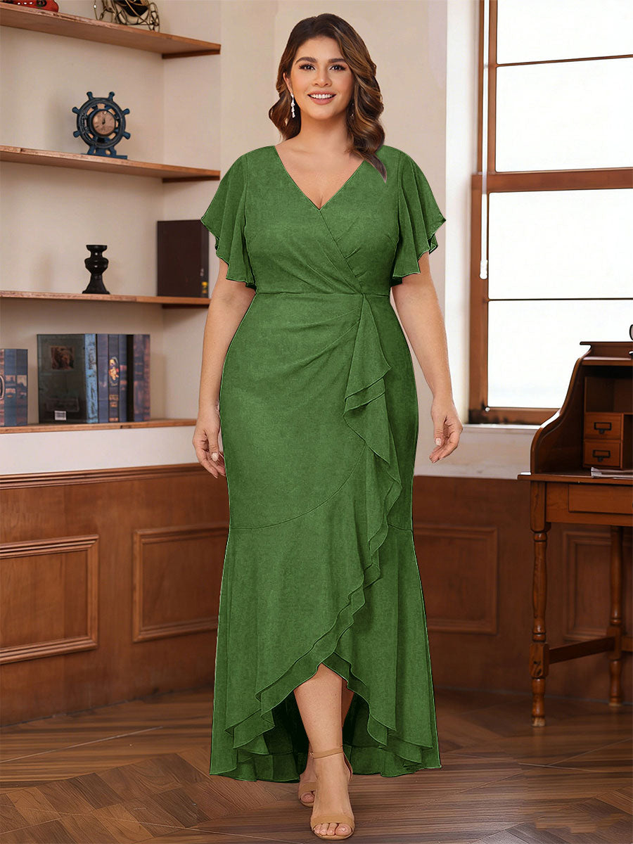 Trumpet/Mermaid V-Neck Short Sleeves Ruched Plus Size Mother of the Bride Dresses with Ruffles