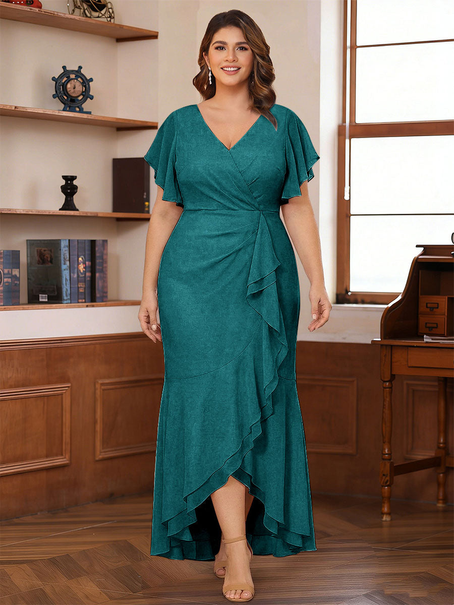 Trumpet/Mermaid V-Neck Short Sleeves Ruched Plus Size Mother of the Bride Dresses with Ruffles