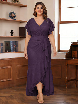 Trumpet/Mermaid V-Neck Short Sleeves Ruched Plus Size Mother of the Bride Dresses with Ruffles