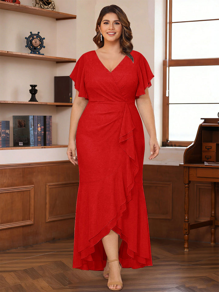 Trumpet/Mermaid V-Neck Short Sleeves Ruched Plus Size Mother of the Bride Dresses with Ruffles