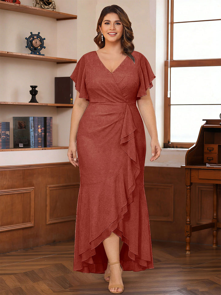 Trumpet/Mermaid V-Neck Short Sleeves Ruched Plus Size Mother of the Bride Dresses with Ruffles