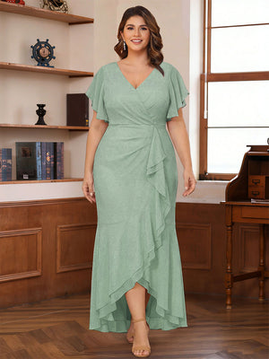 Trumpet/Mermaid V-Neck Short Sleeves Ruched Plus Size Mother of the Bride Dresses with Ruffles
