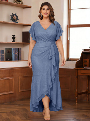Trumpet/Mermaid V-Neck Short Sleeves Ruched Plus Size Mother of the Bride Dresses with Ruffles