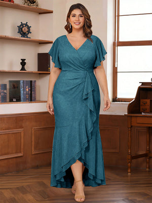 Trumpet/Mermaid V-Neck Short Sleeves Ruched Plus Size Mother of the Bride Dresses with Ruffles