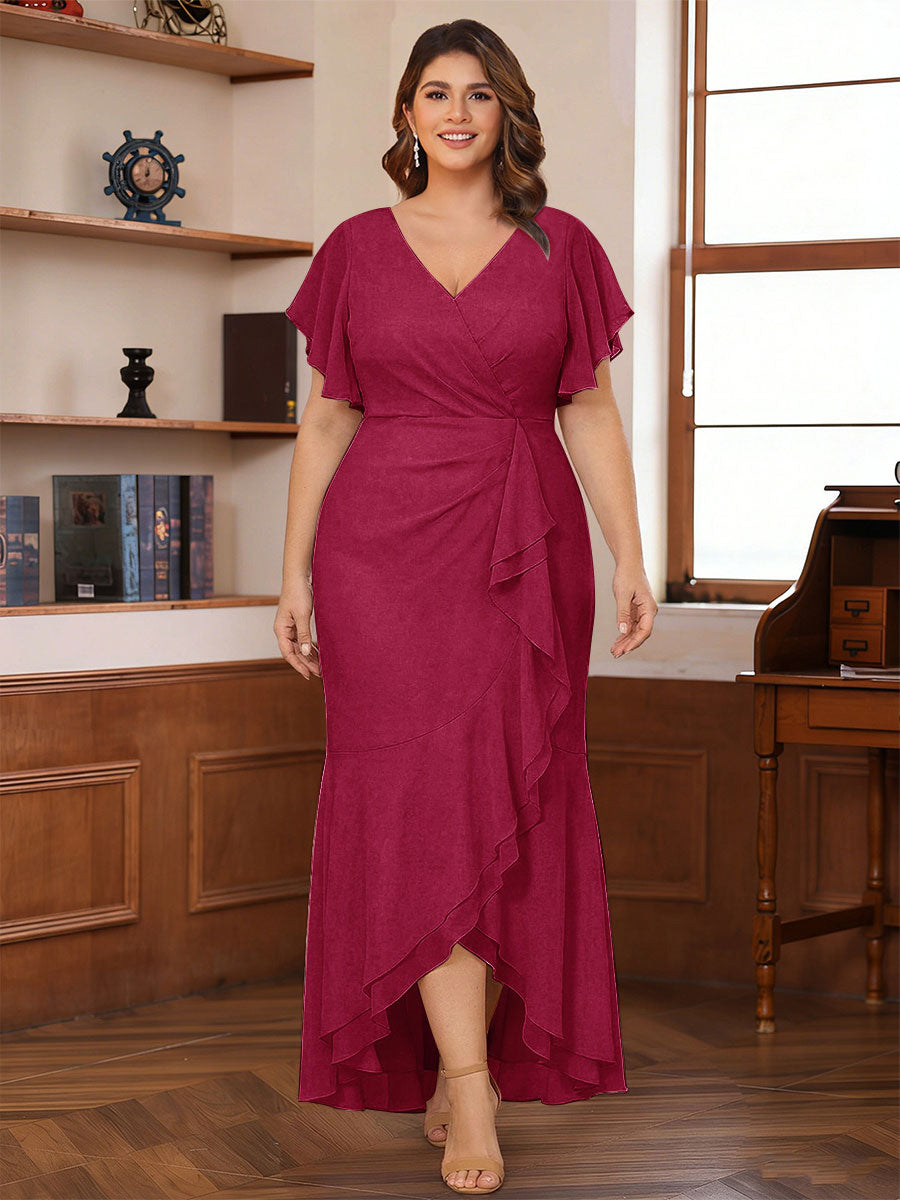 Trumpet/Mermaid V-Neck Short Sleeves Ruched Plus Size Mother of the Bride Dresses with Ruffles