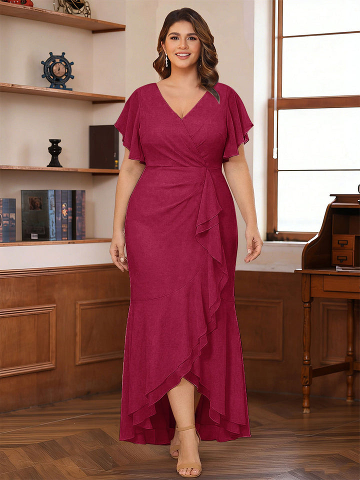 Trumpet/Mermaid V-Neck Short Sleeves Ruched Plus Size Mother of the Bride Dresses with Ruffles