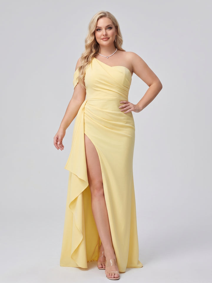Sheath/Column Asymmetrical One-Shoulder Long Plus Size Bridesmaid Dresses With Ruched &amp; Split Side