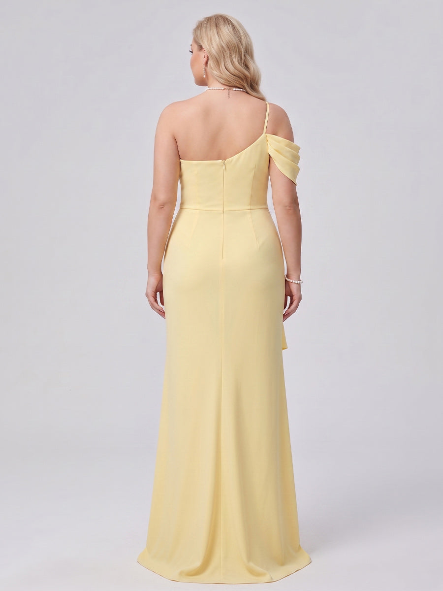 Sheath/Column Asymmetrical One-Shoulder Long Plus Size Bridesmaid Dresses With Ruched &amp; Split Side
