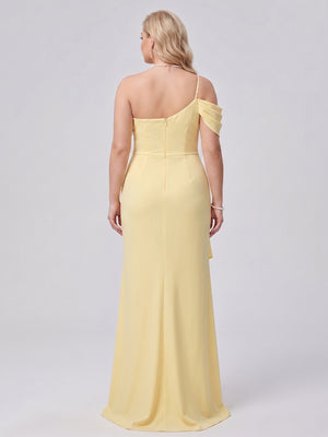 Sheath/Column Asymmetrical One-Shoulder Long Plus Size Bridesmaid Dresses With Ruched & Split Side
