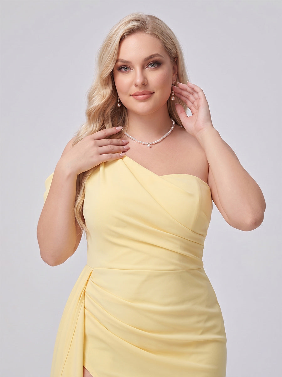 Sheath/Column Asymmetrical One-Shoulder Long Plus Size Bridesmaid Dresses With Ruched &amp; Split Side