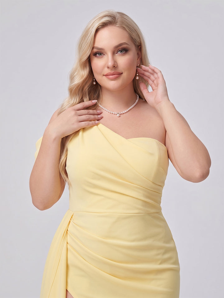 Sheath/Column Asymmetrical One-Shoulder Long Plus Size Bridesmaid Dresses With Ruched &amp; Split Side