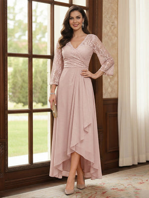 A-Line/Princess 3/4 Sleeves Asymmetrical Mother of the Bride Dresses with Lace & Ruffles
