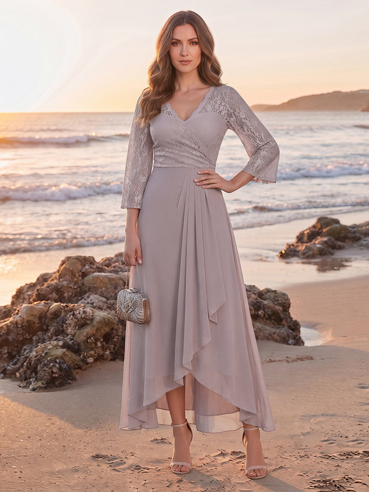 A-Line/Princess 3/4 Sleeves Asymmetrical Mother of the Bride Dresses with Lace &amp; Ruffles