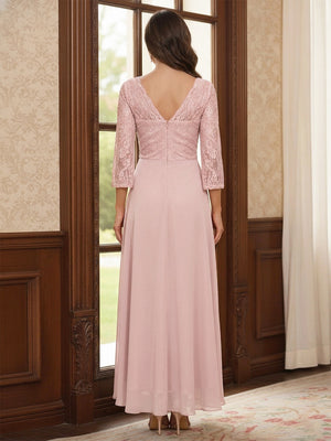 A-Line/Princess 3/4 Sleeves Asymmetrical Mother of the Bride Dresses with Lace & Ruffles