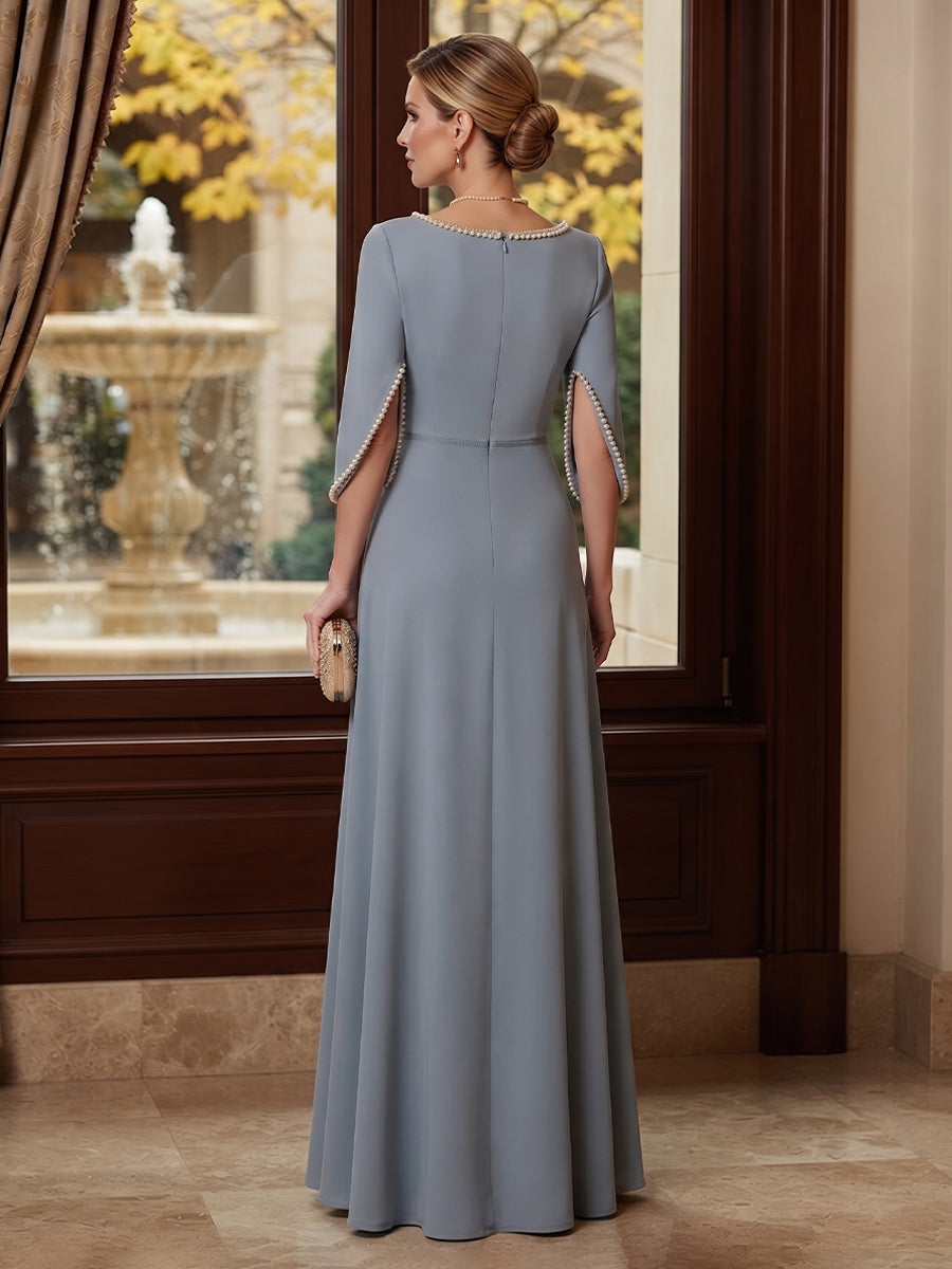 A-Line/Princess Scoop Half Sleeves Stretch Satin Floor-Length Mother of the Bride Dresses with Pearls
