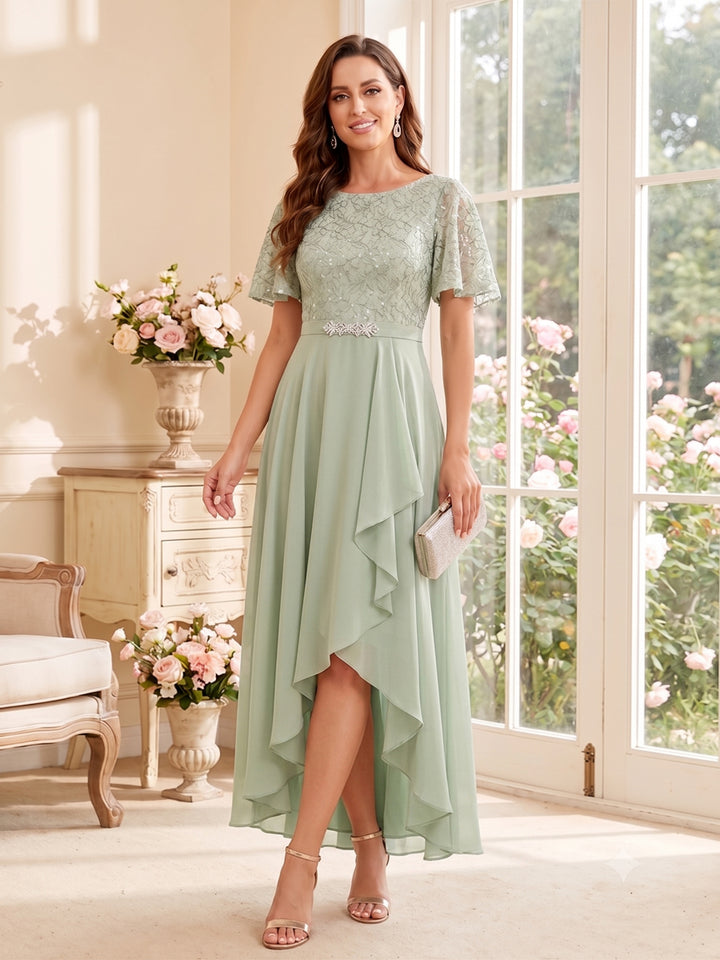 A-Line/Princess Scoop Short Sleeves Asymmetrical Mother of the Bride Dresses with Pleats &amp; Ruffles