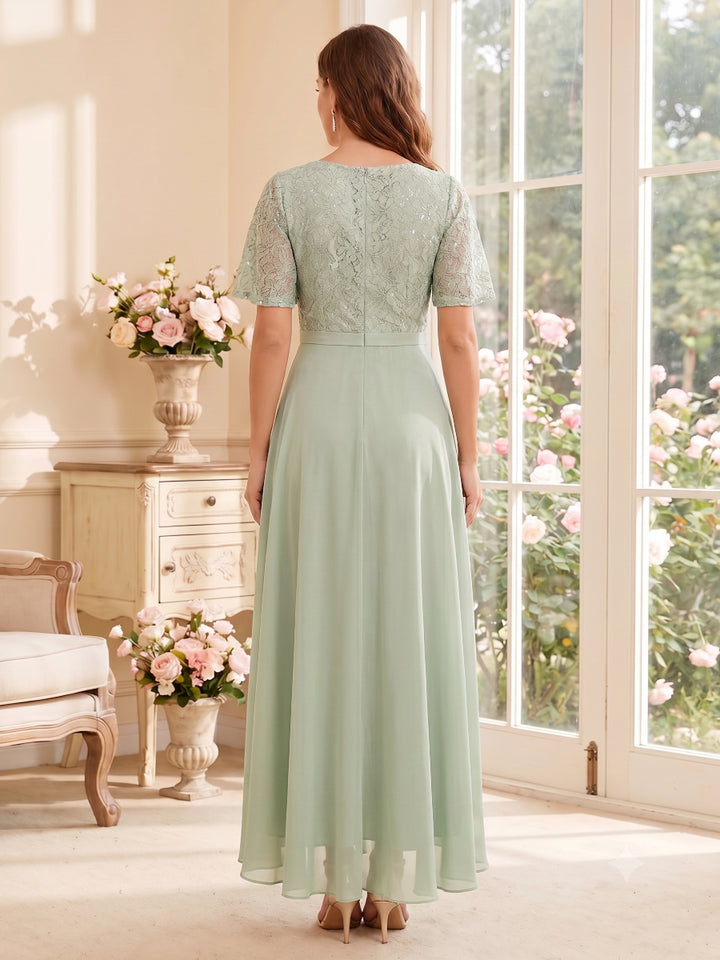 A-Line/Princess Scoop Short Sleeves Asymmetrical Mother of the Bride Dresses with Pleats &amp; Ruffles