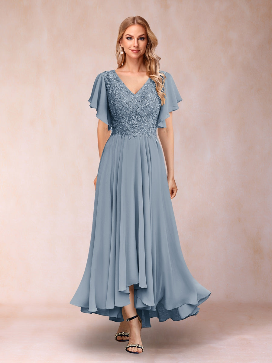 Lavetir Mother of the Bride Dresses Wisteria A-Line/Princess V-Neck Short Sleeves Long Evening Dresses with Appliques 2026
