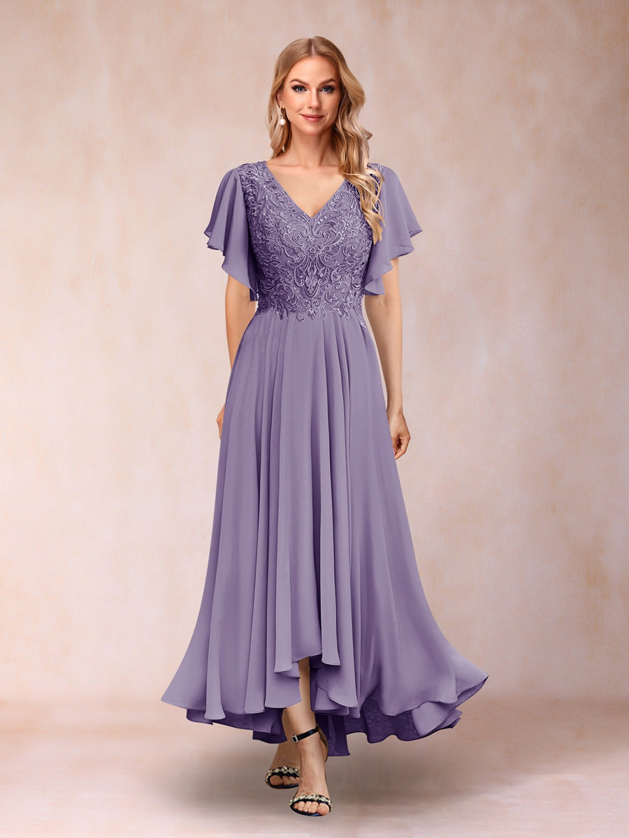 Lavetir Mother of the Bride Dresses Lilac A-Line/Princess V-Neck Short Sleeves Long Evening Dresses with Appliques 2026