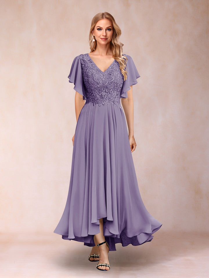 A-Line/Princess V-Neck Short Sleeves Long Evening Dresses with Appliques