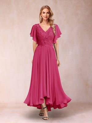 A-Line/Princess V-Neck Short Sleeves Long Evening Dresses with Appliques