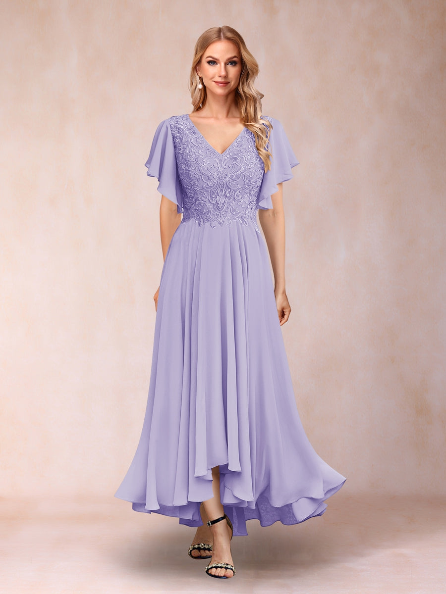 evening dresses short sleeves V-Neck Asymmetrical Mother of The Bride tailored dress Petite Long Black Formal Dress: