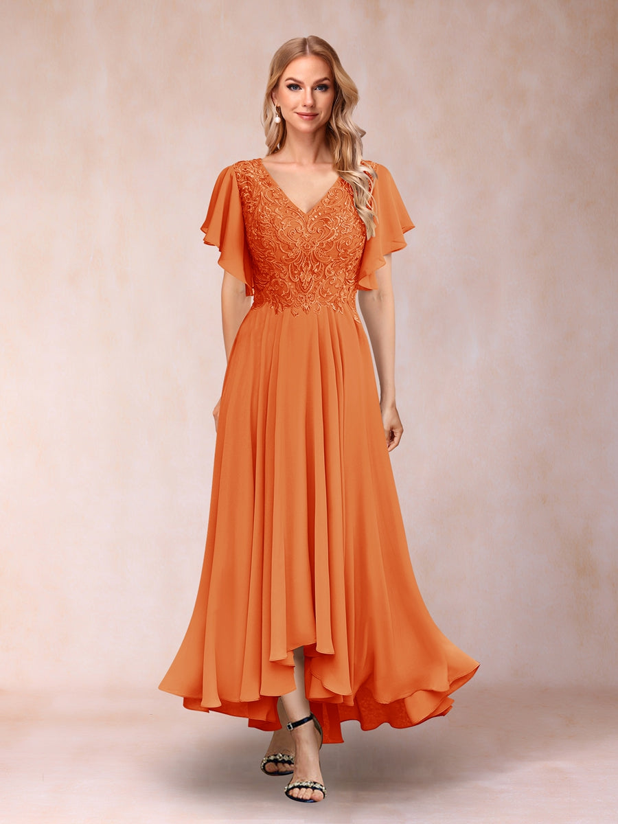 Lavetir Mother of the Bride Dresses Orange A-Line/Princess V-Neck Short Sleeves Long Evening Dresses with Appliques 2026