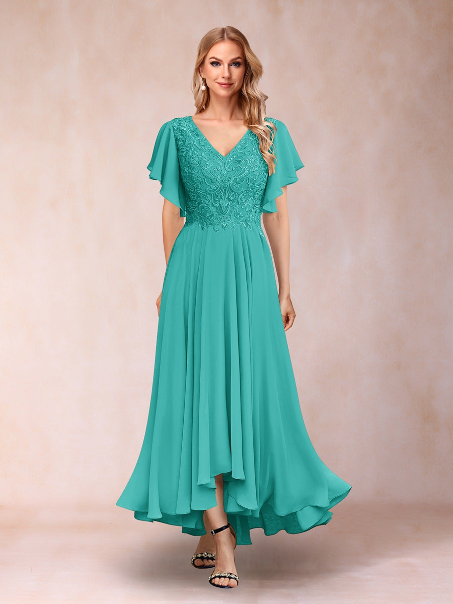 Lavetir Mother of the Bride Dresses Aqua Blue A-Line/Princess V-Neck Short Sleeves Long Evening Dresses with Appliques 2026