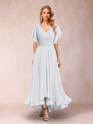 A-Line/Princess V-Neck Short Sleeves Long Evening Dresses with Appliques