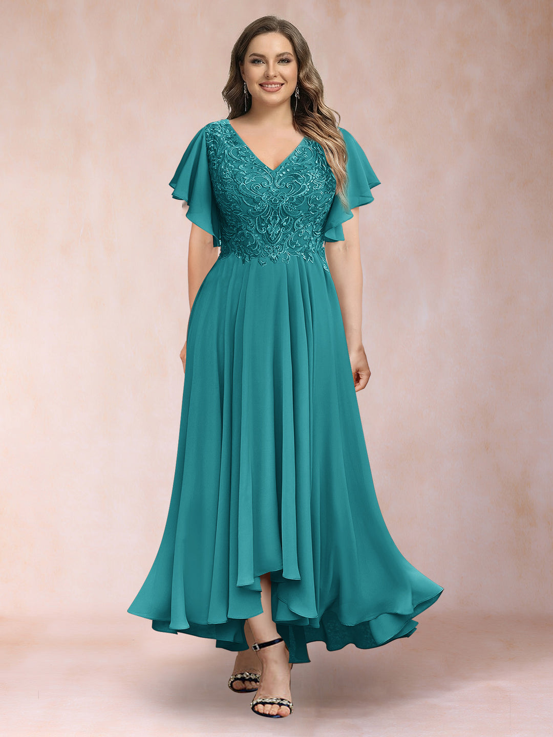 A-Line/Princess V-Neck Short Sleeves Long Plus Size Evening Dresses with Appliques