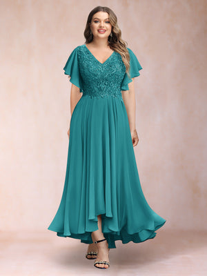 A-Line/Princess V-Neck Short Sleeves Long Plus Size Evening Dresses with Appliques